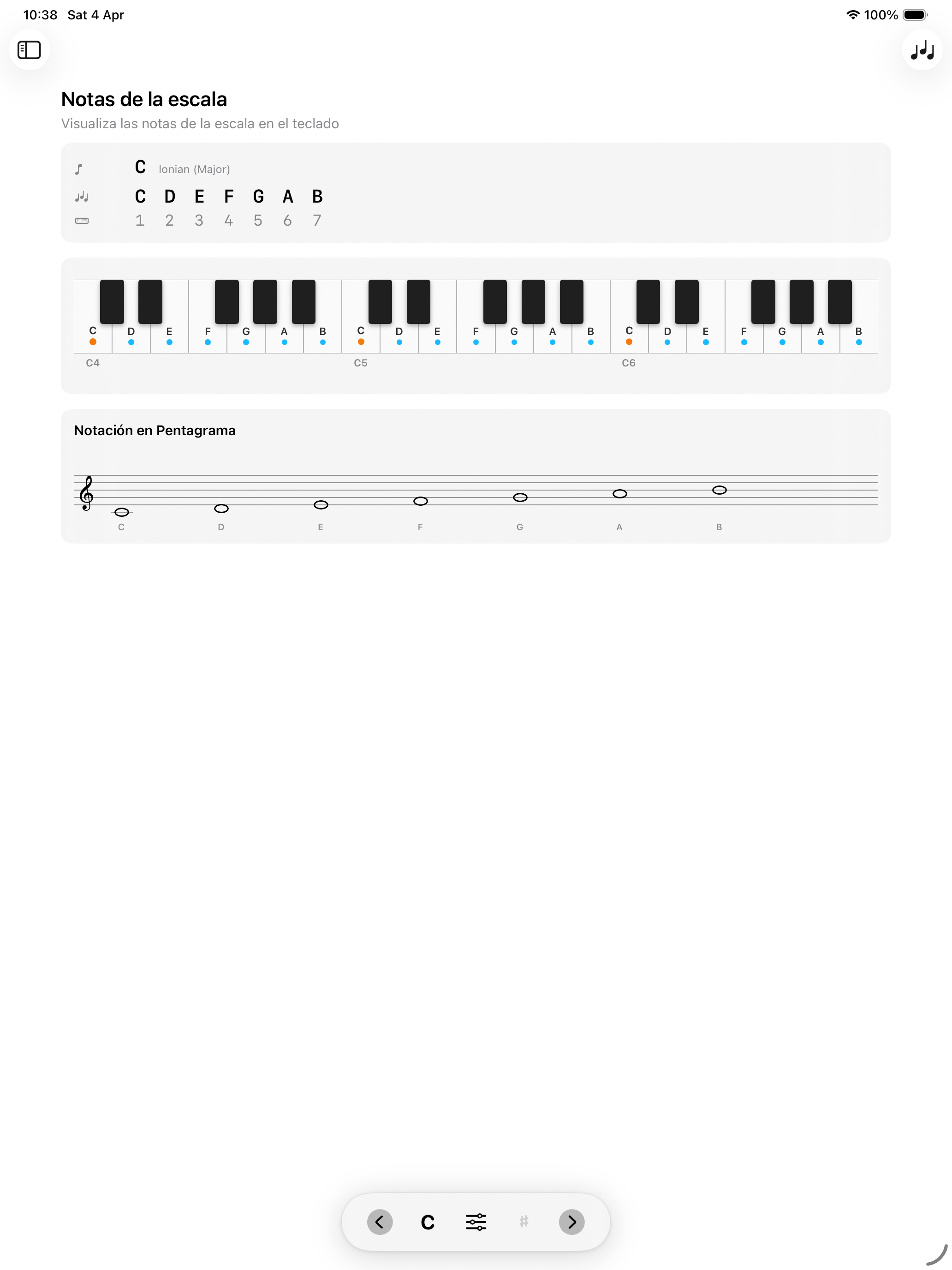 Pantalla de notas en la tonalidad en iPad